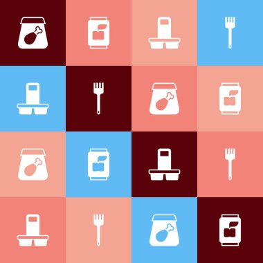 Pop Art 'ı çevrimiçi sipariş et. Soda kutusu, kahve fincanı ve çatal ikonu sipariş et. Vektör