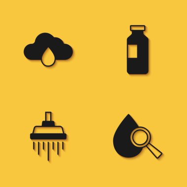 Bulut 'u yağmur, damla ve büyüteçle, uzun gölgeli duş ve su ikonu ile donatın. Vektör