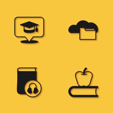 Mezuniyet başlığını konuşma baloncuğuna, Elmalı Kitap 'ı, Ses Kitabı' nı ve Bulut 'u veya uzun gölgeli çevrimiçi kütüphane simgesini ayarlayın. Vektör