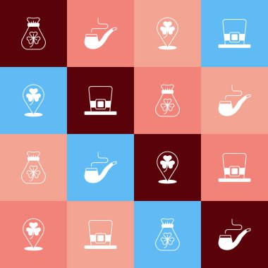 Sanat çantasına yonca, tüttürme piposu, folyo yaprağı ve cüce şapka ikonu koyun. Vektör