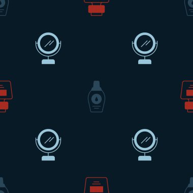 Parfüm, şampuan şişesi ve yuvarlak makyaj aynasını pürüzsüz desene ayarlayın. Vektör