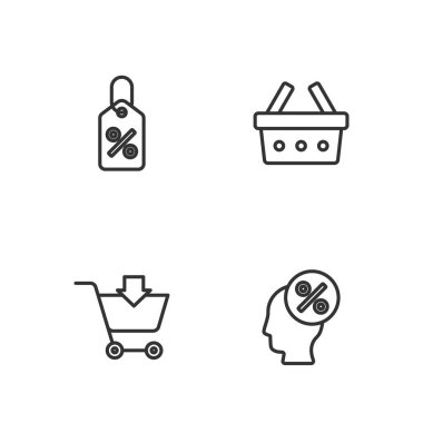 İndirim yüzde etiketini ayarla, alışveriş arabasına ekle ve sepet simgesi ekle. Vektör