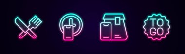 Çizgiyi aşmış bıçak ve çatal, 24 saat teslimat internetten yemek ve kahve siparişi vermiş. Parlayan neon ikonu. Vektör