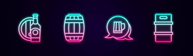 Bira şişesi, ahşap fıçı, tahta bardak ve metal fıçı. Parlayan neon ikonu. Vektör