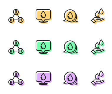 Konuşma baloncuklarıyla su damlası, Kimyasal formül suyu H2O, konum ve el yıkama sabunu ikonu. Vektör