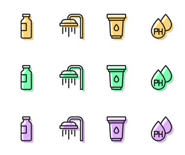 Su filtresi kartuşu, bir şişe su, duş al ve ikonu bırak. Vektör