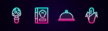Sinek mantarı, yemek kitabı, tepsi dolusu yiyecek ve mısır. Parlayan neon ikonu. Vektör