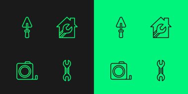 Çizgi anahtarı, rulet inşaatı, İngiliz anahtarı ikonlu Trowel ve House. Vektör