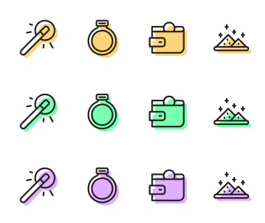 Sıralı cüzdan, sihirli değnek, taş yüzük ve barut ikonu. Vektör