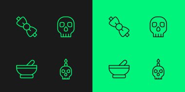 Kafatasına yanan mum, cadı kazanı, papyon ve Kafatası ikonu yerleştirin. Vektör