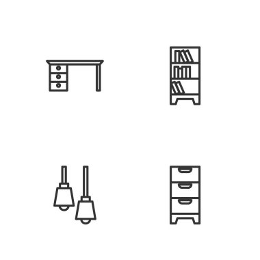 Çekmece sandığı, lamba asma, ofis masası ve kütüphane kitaplığı simgesi. Vektör