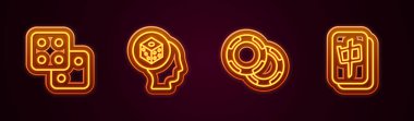 Oyun zarları, kumarhane fişleri ve Mahjong parçaları. Parlayan neon ikonu. Vektör