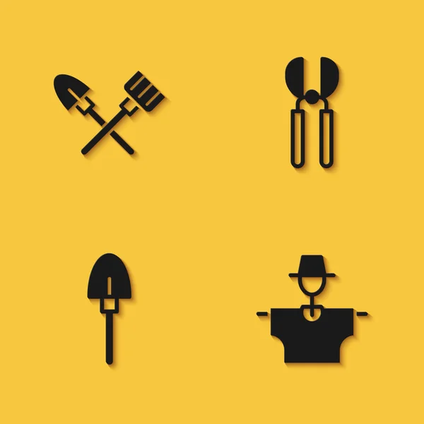 Set Shovel and rake, Scarecrow, and Gardening scissors icon with long shadow. Vector — Stock Vector