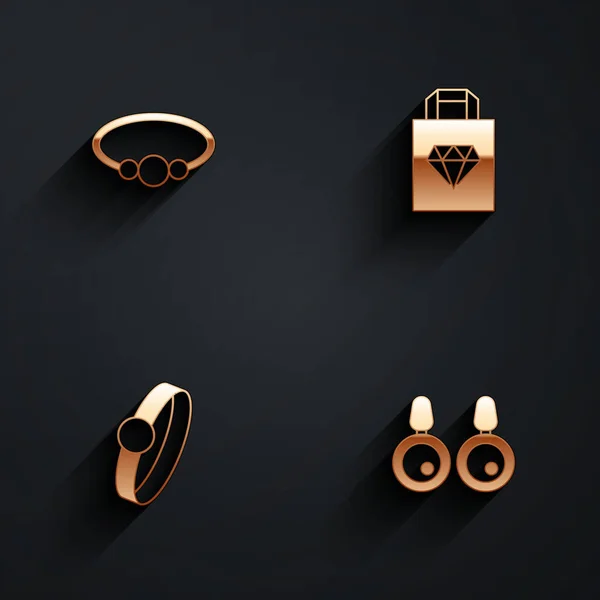 Set Armband Schmuck, Einkaufstasche, Diamant Verlobungsring und Ohrringe Symbol mit langem Schatten. Vektor — Stockvektor