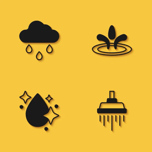 Set Cloud med regn, Dusch, Vattenfall och ikon med lång skugga. Vektor — Stock vektor