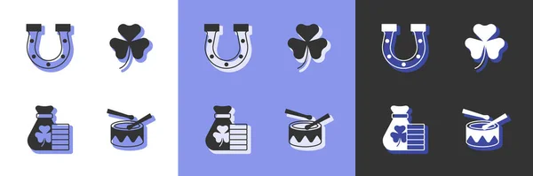 Set Drum with drum sticks, Horseshoe, Money bag clover and Clover trefoil leaf icon. Vector — Stock vektor