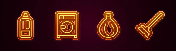 Set line Bottle for detergent, Washer, Garbage bag and Mop. Glowing neon icon. Vector — Stock Vector
