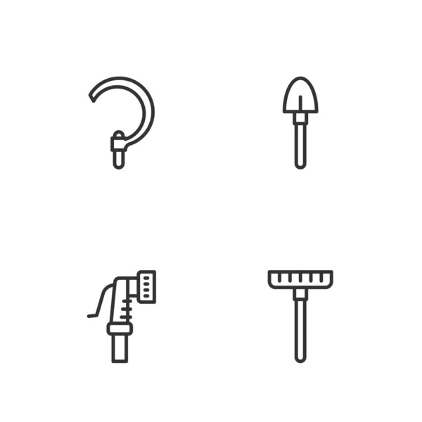 Set line Garden rake, hose, Sickle and Shovel icon. Vector — Stock vektor