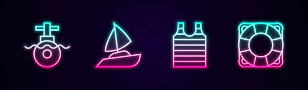 Denizaltı, yat yelkenlisi, çizgili denizci tişörtü ve Lifebuoy. Parlayan neon ikonu. Vektör — Stok Vektör