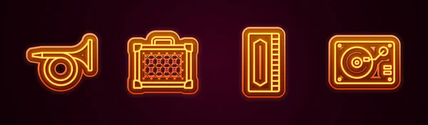 Set line Trumpet, Guitar amplifier, Harmonica and Vinyl player with vinyl disk. Glowing neon icon. Vector — Stock vektor