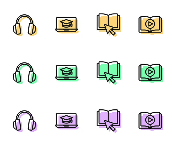 Establecer línea Libro en línea, Auriculares, Portátil de la tapa de graduación y el icono de audio. Vector — Vector de stock