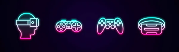 Impostare la linea occhiali realtà virtuale, Gamepad, e. Icona luminosa al neon. Vettore — Vettoriale Stock