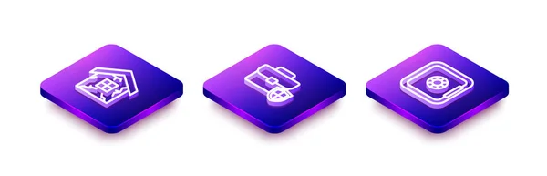 Set Isometric line House, Briefcase with shield and Safe icon. Vector — 图库矢量图片