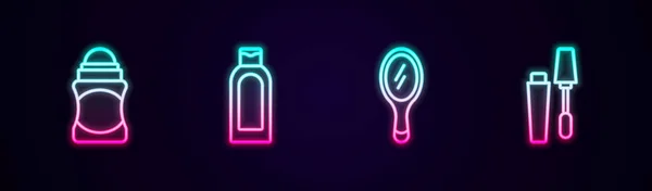 Set line Deodorant roll, Bottle of shampoo, Hand mirror and Mascara brush. Glowing neon icon. Vector — Stock Vector