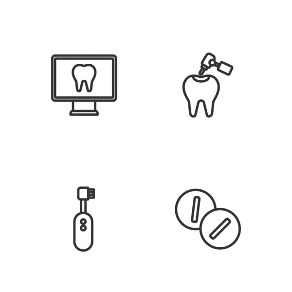 Встановити лінію Таблетка для знеболювання, Електрична зубна щітка, Інтернет-догляд за зубами та з карієсом та піктограмою буріння. Векторні — стоковий вектор