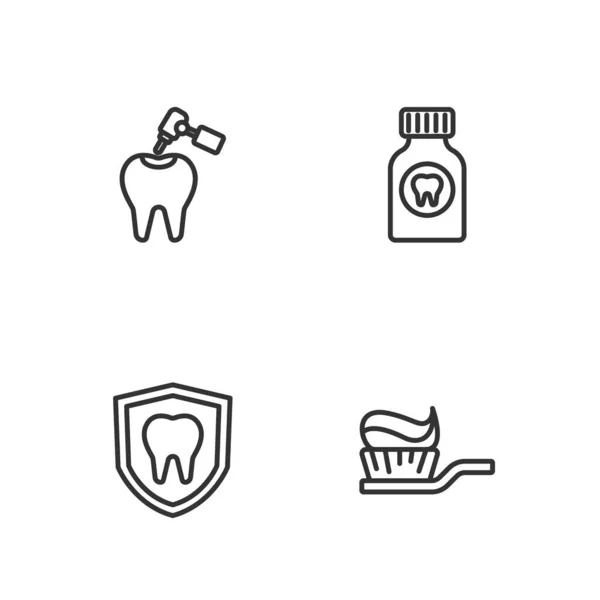 Set line Cepillo de dientes con pasta dental, protección dental, caries y taladro e ícono de tableta analgésica para el dolor de muelas. Vector — Vector de stock