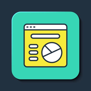 Doldurulmuş turta grafiği bilgi simgesi mavi arkaplanda izole edildi. Diyagram çizelgesi. Turkuaz kare düğme. Vektör