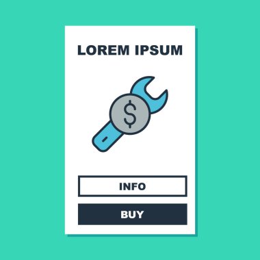 Doldurulmuş onarım fiyat simgesi turkuaz arka planda izole edildi. Dolar ve İngiliz anahtarı. Vektör