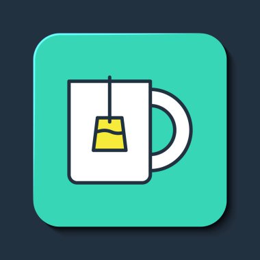 Mavi arka planda izole edilmiş bir fincan çay ikonu. Turkuaz kare düğme. Vektör