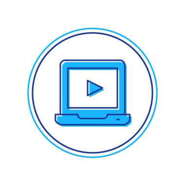 Doldurulmuş Online oynatma simgesi beyaz arkaplanda izole edildi. Dizüstü bilgisayar ve oyun işaretli film şeridi. Vektör