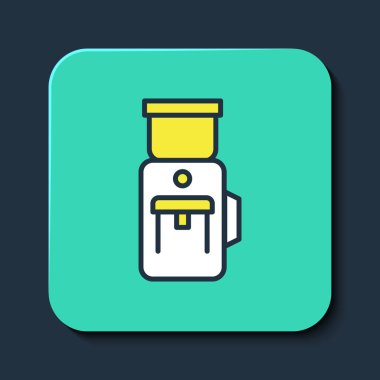 Mavi arka planda izole edilmiş elektirikli kahve öğütücü ikonu. Turkuaz kare düğme. Vektör