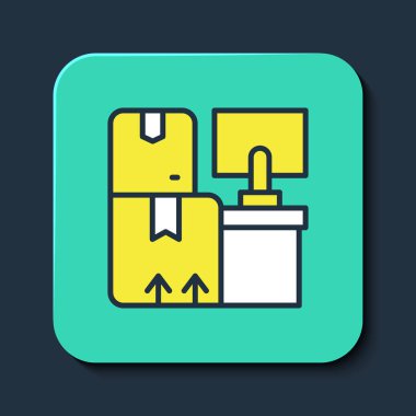 Deponun içini mavi arkaplanda izole edilmiş raflardaki kutularla doldurdum. Lojistik, kargo, paket depolama posta servisi. Turkuaz kare düğme. Vektör