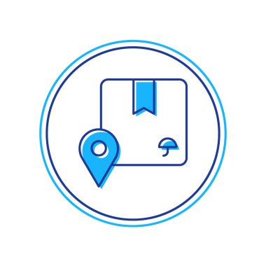 Beyaz arkaplanda izole edilmiş karton kutu simgesi ile ana hatları doldurulmuş konum. Teslimat hizmetleri, lojistik ve ulaşım, dağıtım. Vektör