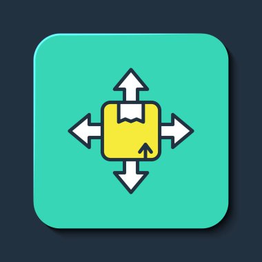 Doldurulmuş karton kutu simgesi mavi arkaplanda izole edildi. Kutu, paket, paket işareti. Teslimat ve ambalaj. Turkuaz kare düğme. Vektör