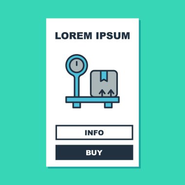 Turkuaz arka planda izole edilmiş karton kutu simgesi ile ana hatları doldurulmuş. Lojistik ve teslimat. Dağıtım paketinin ağırlığı bir ölçekte. Vektör