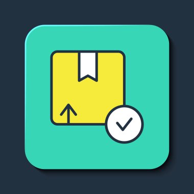 Doldurulmuş karton kutu simgesi mavi arkaplanda izole edildi. Kutu, paket, paket işareti. Teslimat ve ambalaj. Turkuaz kare düğme. Vektör