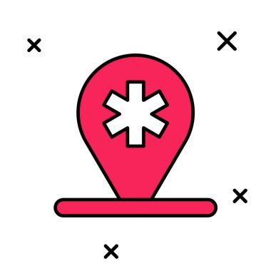 Tıbbî harita işaretçisi ile doldurulmuş beyaz arka planda izole edilmiş çapraz hastane ikonu. Vektör