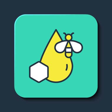 Arı ve bal peteği simgesi mavi arkaplanda izole edildi. Bal hücreleri. Bal arısı ya da kanat sembollü apis. Uçan böcek. Tatlı doğal yemek. Turkuaz kare düğme. Vektör