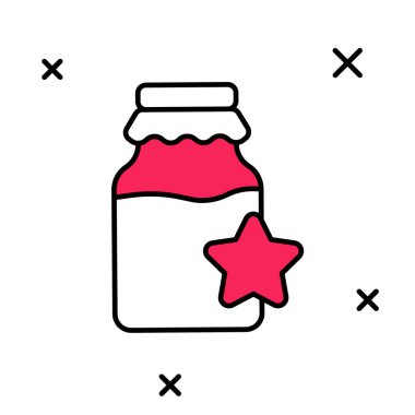 Beyaz arkaplanda izole edilmiş bal ikonu ana hatlarıyla dolu kavanoz. Yiyecek bankası. Tatlı doğal gıda sembolü. Vektör