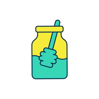 Beyaz arkaplanda izole edilmiş bal kavanozu ve ballı şeker çubuğu ikonu. Yiyecek bankası. Tatlı doğal gıda sembolü. Tatlı kepçe. Vektör