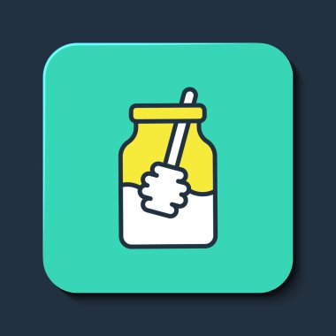 Ana hatlarıyla doldurulmuş bal kavanozu ve ballı şeker çubuğu simgesi mavi arkaplanda izole edilmiş. Yiyecek bankası. Tatlı doğal gıda sembolü. Tatlı kepçe. Turkuaz kare düğme. Vektör