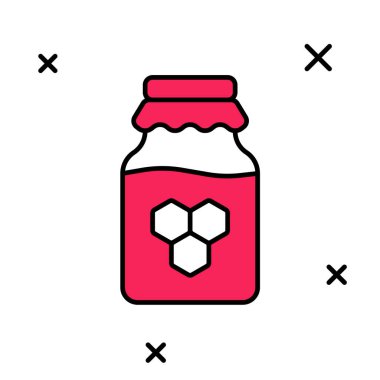 Beyaz arkaplanda izole edilmiş bal ikonu ana hatlarıyla dolu kavanoz. Yiyecek bankası. Tatlı doğal gıda sembolü. Vektör