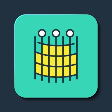 Doldurulmuş ana hatlı balıkçılık ağı desen simgesi mavi arkaplanda izole edildi. Balık oltası. Turkuaz kare düğme. Vektör