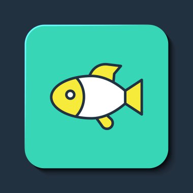 Doldurulmuş ana hatlı Balık simgesi mavi arkaplanda izole edildi. Turkuaz kare düğme. Vektör