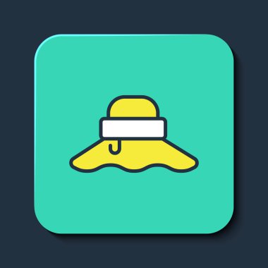 Mavi arka planda izole edilmiş ana hatlı Balıkçı şapkası simgesi. Turkuaz kare düğme. Vektör