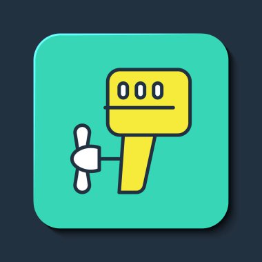 Dış hat motor simgesi mavi arka planda izole edildi. Tekne motoru. Turkuaz kare düğme. Vektör